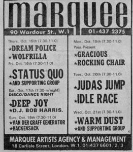 Marquee Poster 1970 Konzert-Ankndigung 16.10.1970